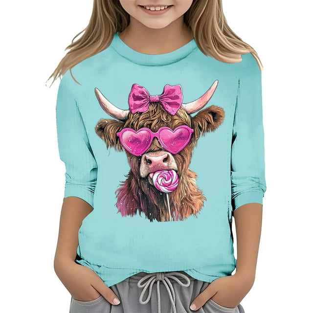 Toimothcn T-Shirts pour Filles, Mode Décontractée, Imprimé Cœur d'Amour pour la Saint-Valentin, Col Rond, Manches 3/4, Coupe Ample, Adapté pour un Usage Quotidien de 3-4 Ans