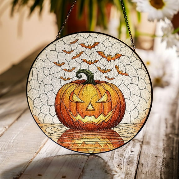 Jack-O'-Lantern Stained Glass Suncatcher, Halloween Pumpkin Window Hanging, Spooky Bat Decor, Fall Gothic Home Accent