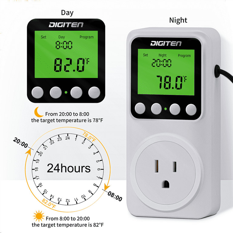 DIGITEN Temperature Controller Day/Night Temperature Controlled Outlet Reptile Thermostat Timer Greenhouse Thermostat with Timer Heat Mat Thermostat