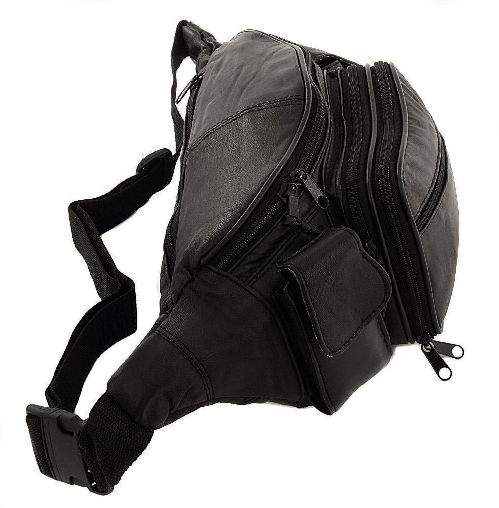 New Large 8 Pocket Genuine Leather Waist Hip Lumbar Fanny Fannie Pack Bag Black with Dual Cell Phone Pockets and Dual Organizer