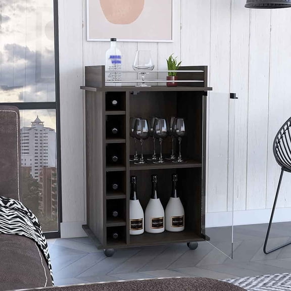 Lisonu Modern Bar Cart with Wheels, Mobile Kitchen Serving Cart with 6 Wine Bottle Cubbies and Glass Door Cabinet, Home Bar Furniture, Particle Board, Carbon Espresso