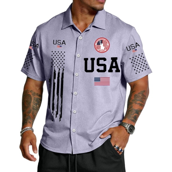 GrmtClth Usa Flag Print Shirts for Men Independence Day 250th Anniversary for 1776-2026 Top Classic Button Down T-Shirts Comfy Short Sleeves Collared Clothing Light Purple M