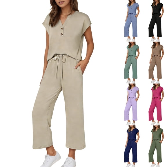 Baggy 2 Piece Sets for Women Summer Travel Vacation Outfits V Neck Casual Tops Wide Leg Pants Matching Sets