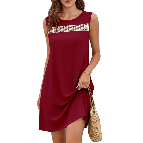 BUIGTTKLOP Summer Dresses for Women Beach Cover Up Sleeveless Lace Crewneck Crochet Front Loose Fitted Sundress