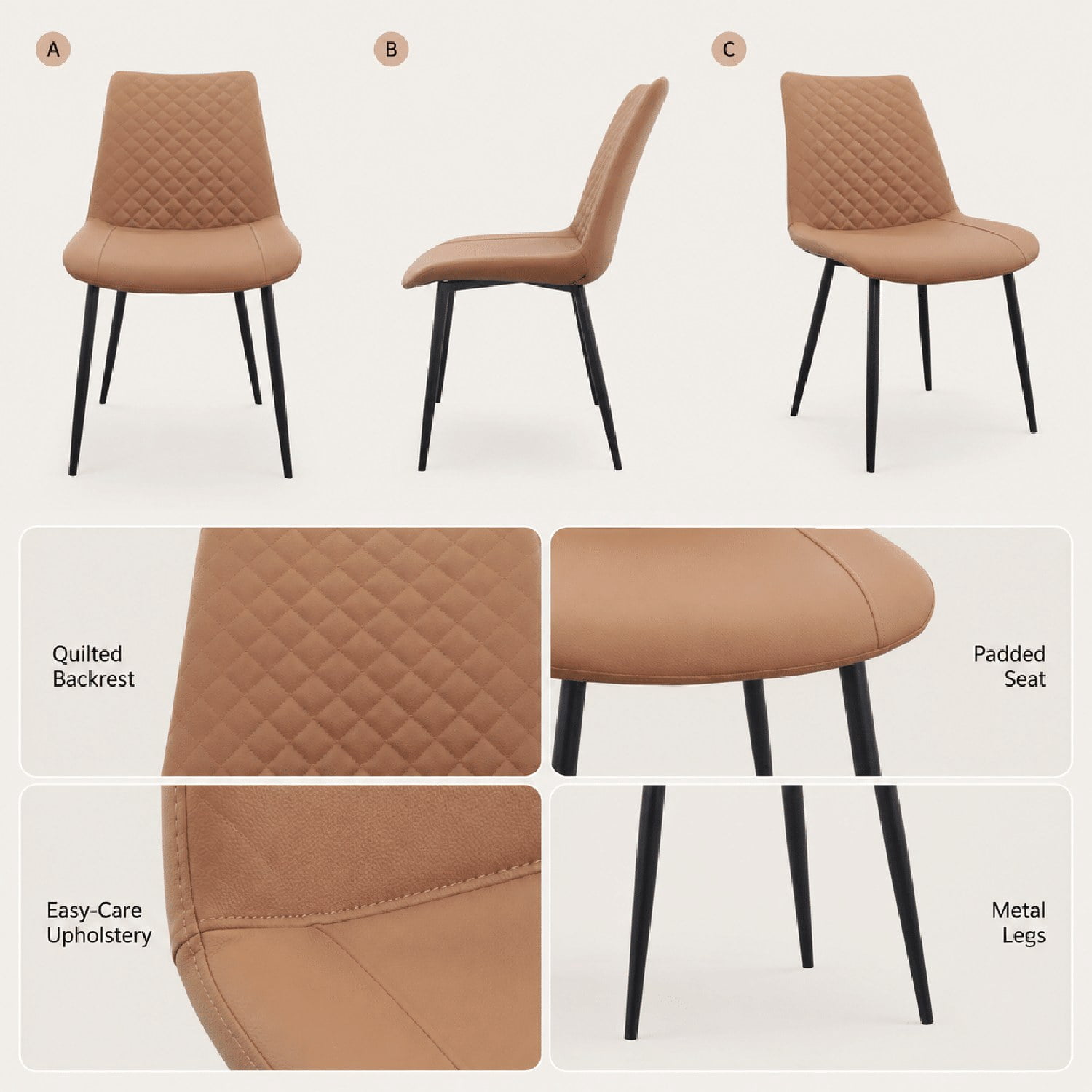 Modern PU Leather Dining Chairs, Set of 2, Foam-Padded Faux Leather Seat with Metal Frame, Diamond-Quilted Upholstery for Dining Room, Kitchen, Living Room