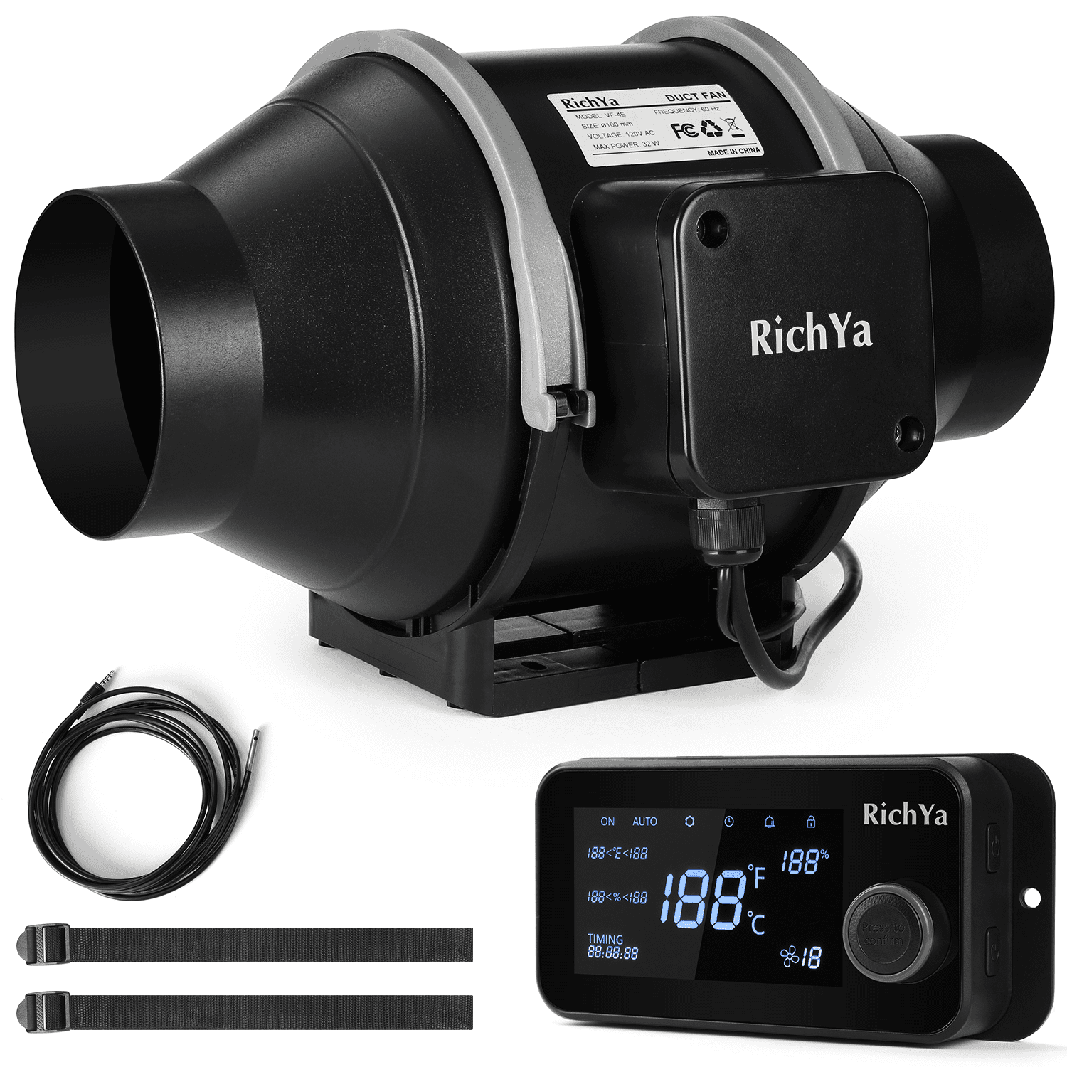 RichYa 4” Inline Duct Fan with Variable Temperature Humidity Controller