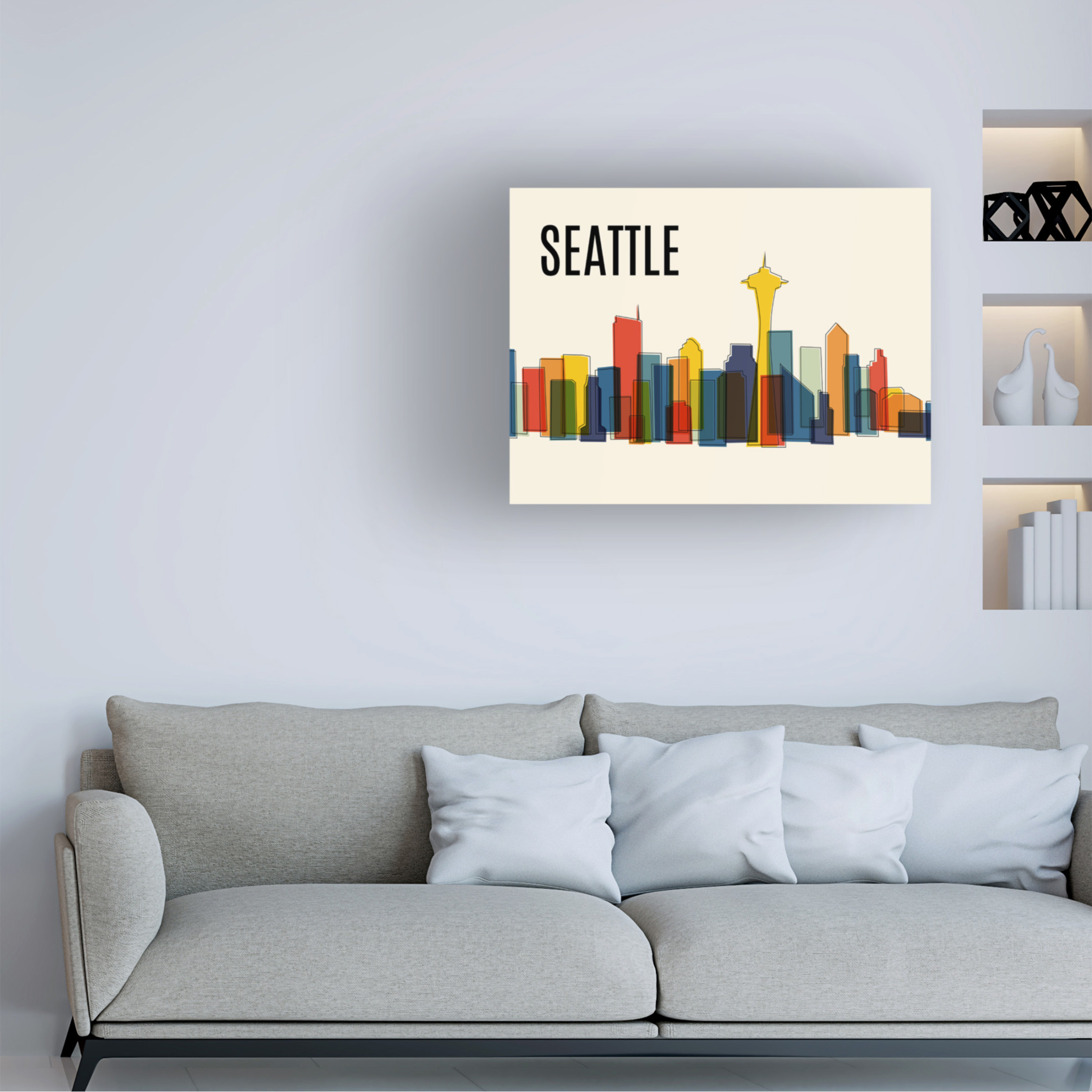 Canvas Wall Art - Tom Quartermaine 'Seattle Mid Century Modern Cityscape' Wall Art for Living Room, Bedroom, or Office Décor by Trademark Fine Art - 32 x 24 Inches