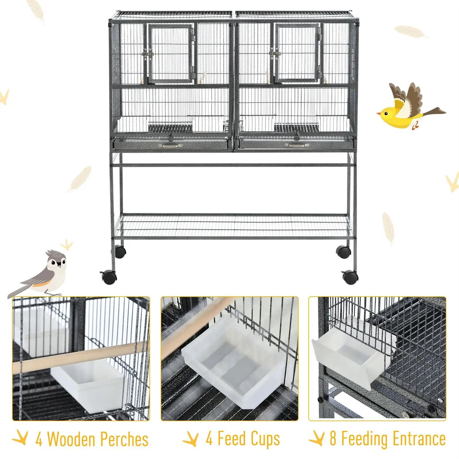 Pefilos Divided Breeder Bird Aviary, 40" Birdcage with Rolling Stand , Removable Bottom Tray and Wood Perch, Ideal for Finches, Parakeet, Black