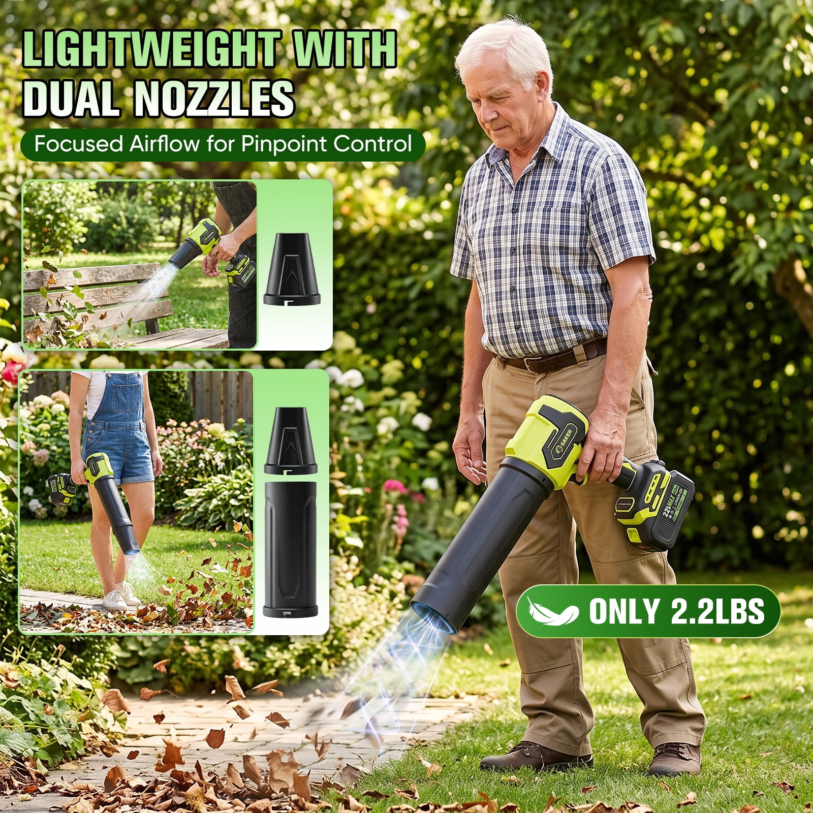 Saker 22V Cordless Leaf Blower with 2 Extended Nozzles, Handheld Dust Cleaner with 2x 4.0Ah Batteries & Carry Case for Lawn, Patio, Yard Care