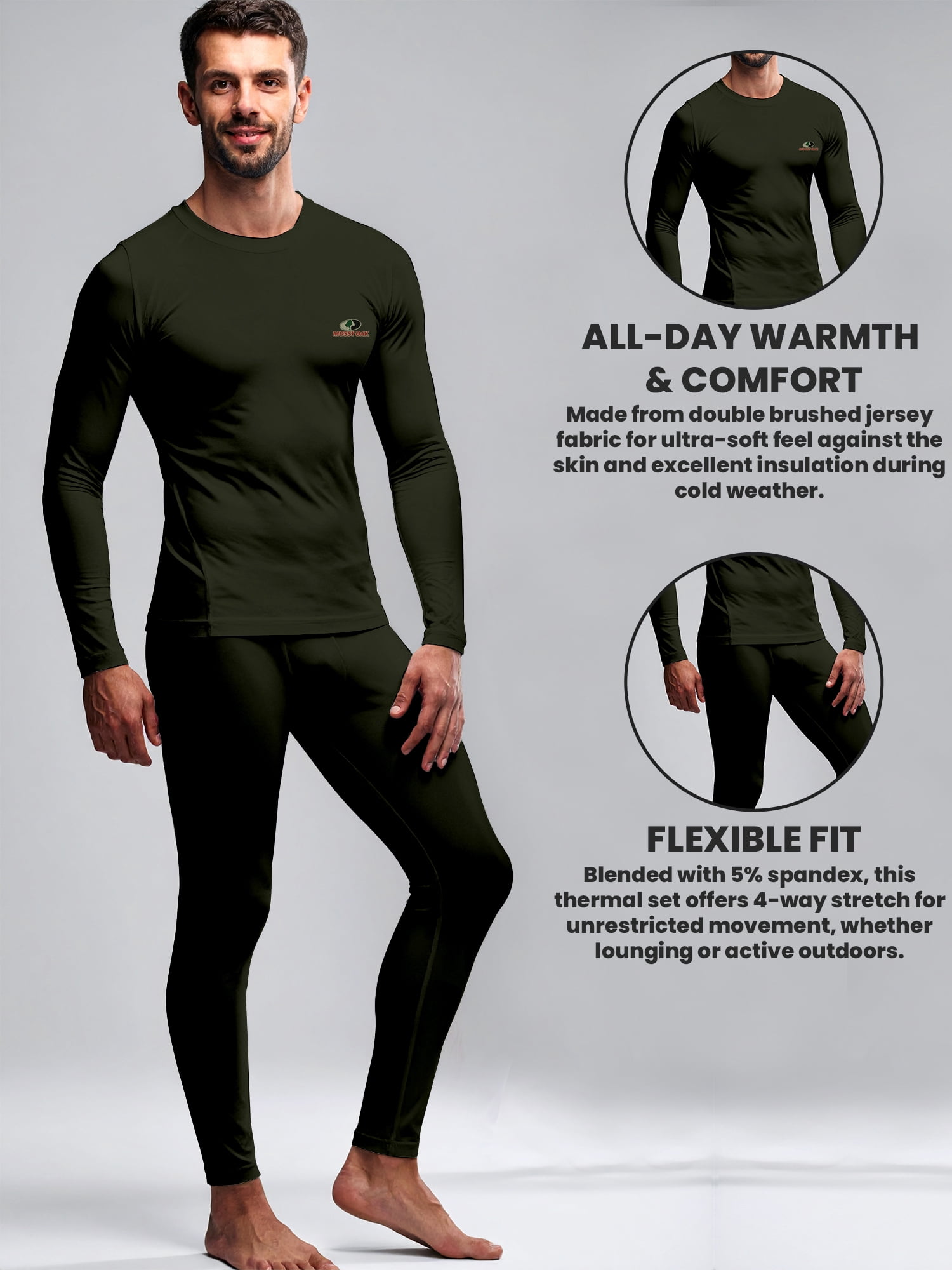 Mossy Oak Men’s Base Layers Set Compression Pants & Shirt Thermal Wear for Men, Forest Night XL