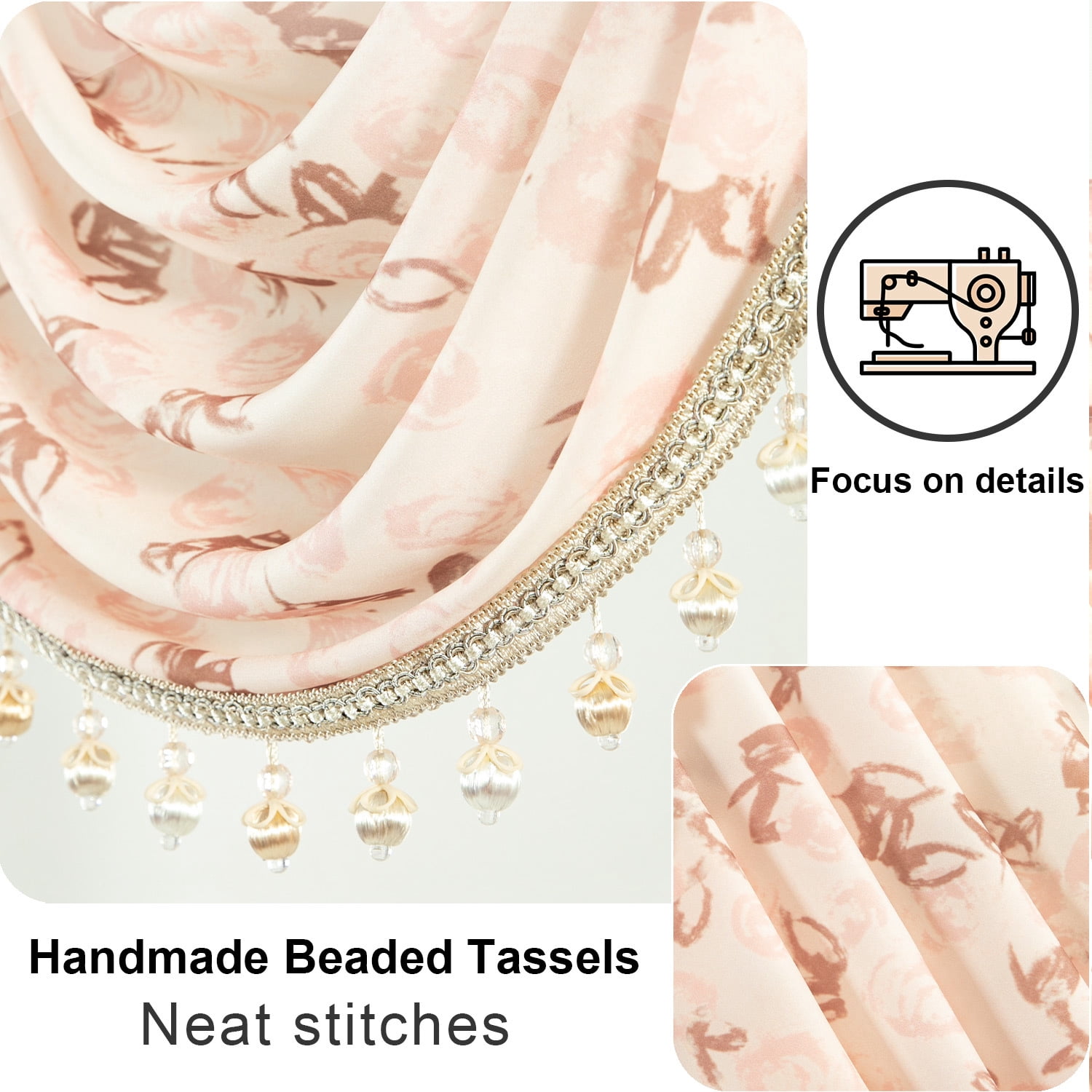 VOGOL Waterfall Valance 39x43 Inch - Sheer Voile, Vintage Pink Roses Print, Beaded Tassels, Farmhouse Style for Bedroom, Living Room, Nursery