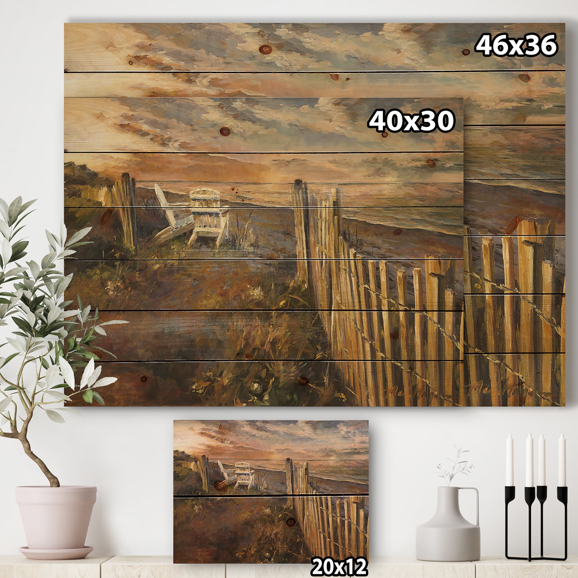 Designart 'Dunes Sunset' Nautical & Coastal Print on Natural Pine Wood