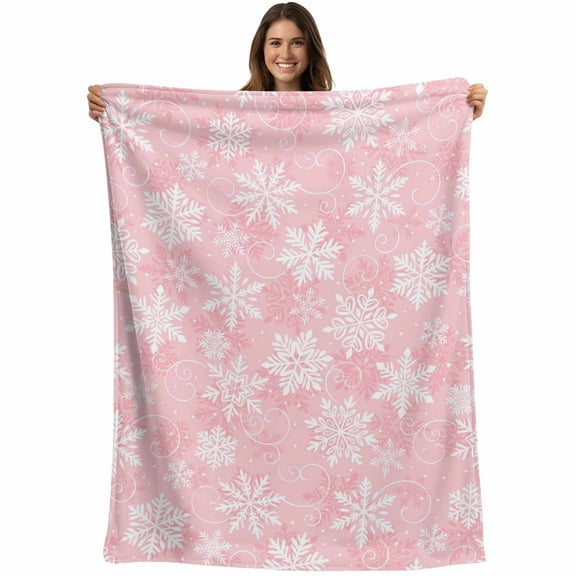 Pink Christmas Snowflakes Throw Blankets, White Winter Snow Soft Fleece Blanket Decorative for Home Sofa Couch Chair Living Bedroom, 60x80 inches,