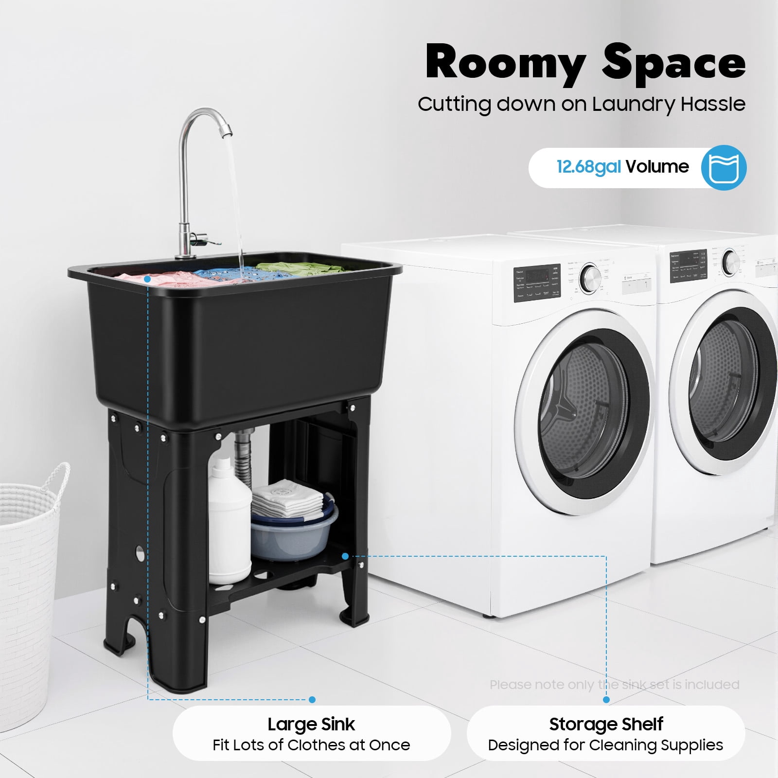 Miumaeov Utility Sink with Faucet for Laundry Room and Garage, Plastic Bathroom Laundry Sink Freestanding Laundry Tub Outdoor Sink Ideal for Workshop, Bathroom, Kitchen