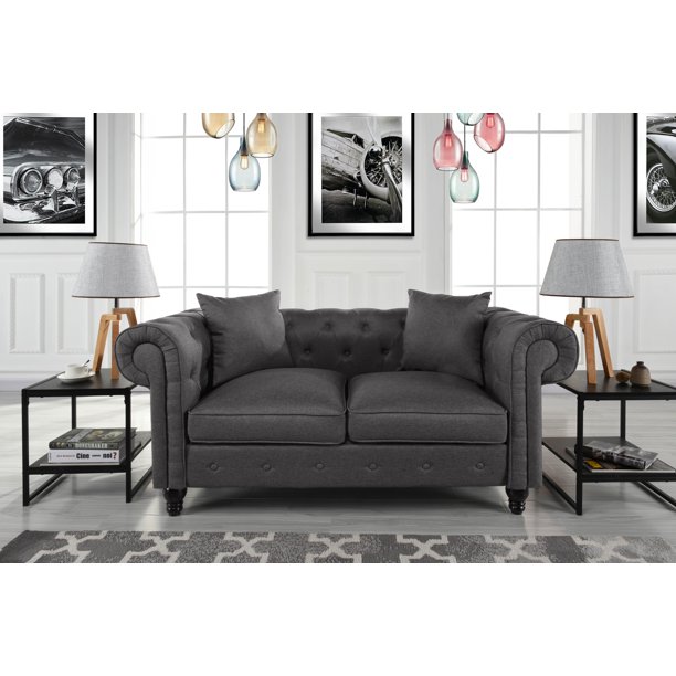 Classic Scroll Arm Loveseat Sofa Linen Fabric Chesterfield Couch, Light