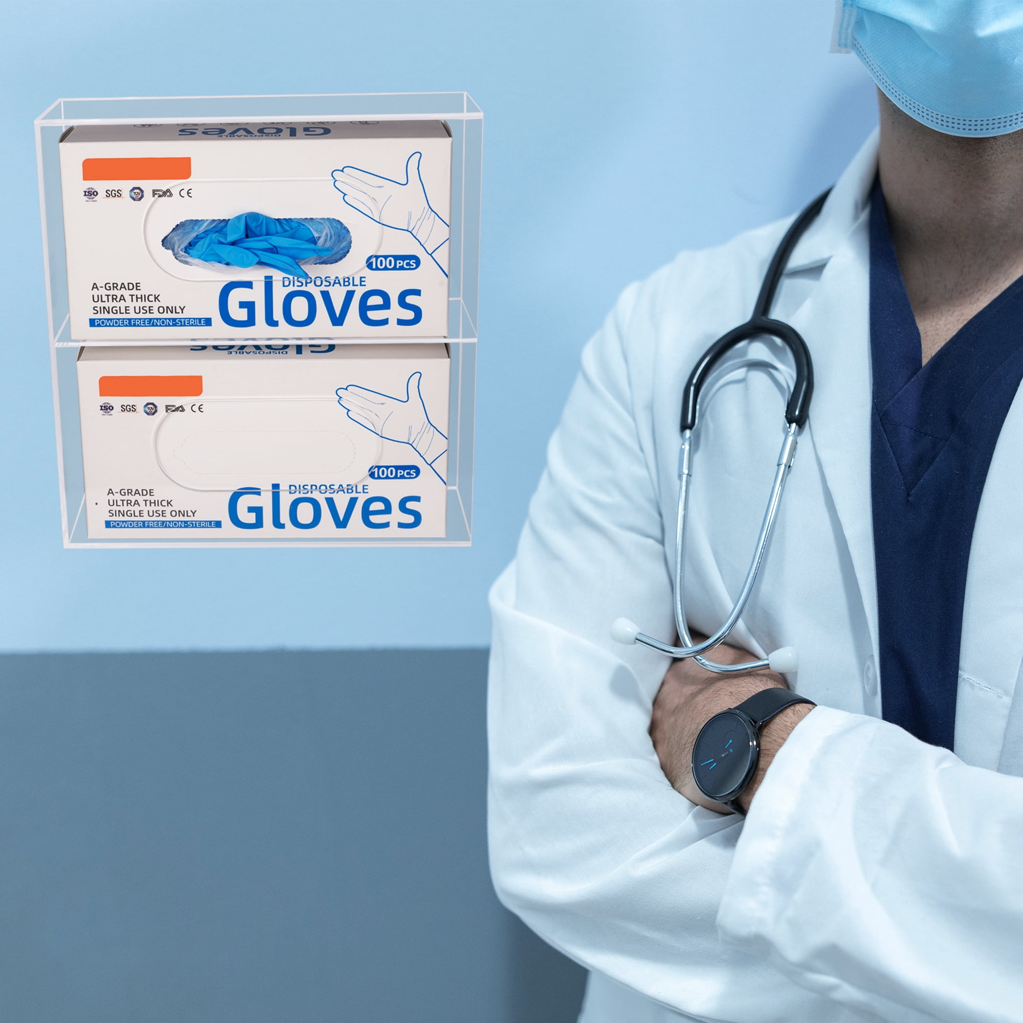 Aphbrada Glove Box Dispenser Holder Wall Mounted, Acrylic Double Gloves Rack for Medical, Latex, Rubber, Nitrile, Exam, Disposable Glove Boxes, Tissues Box Cover Holder, Clear