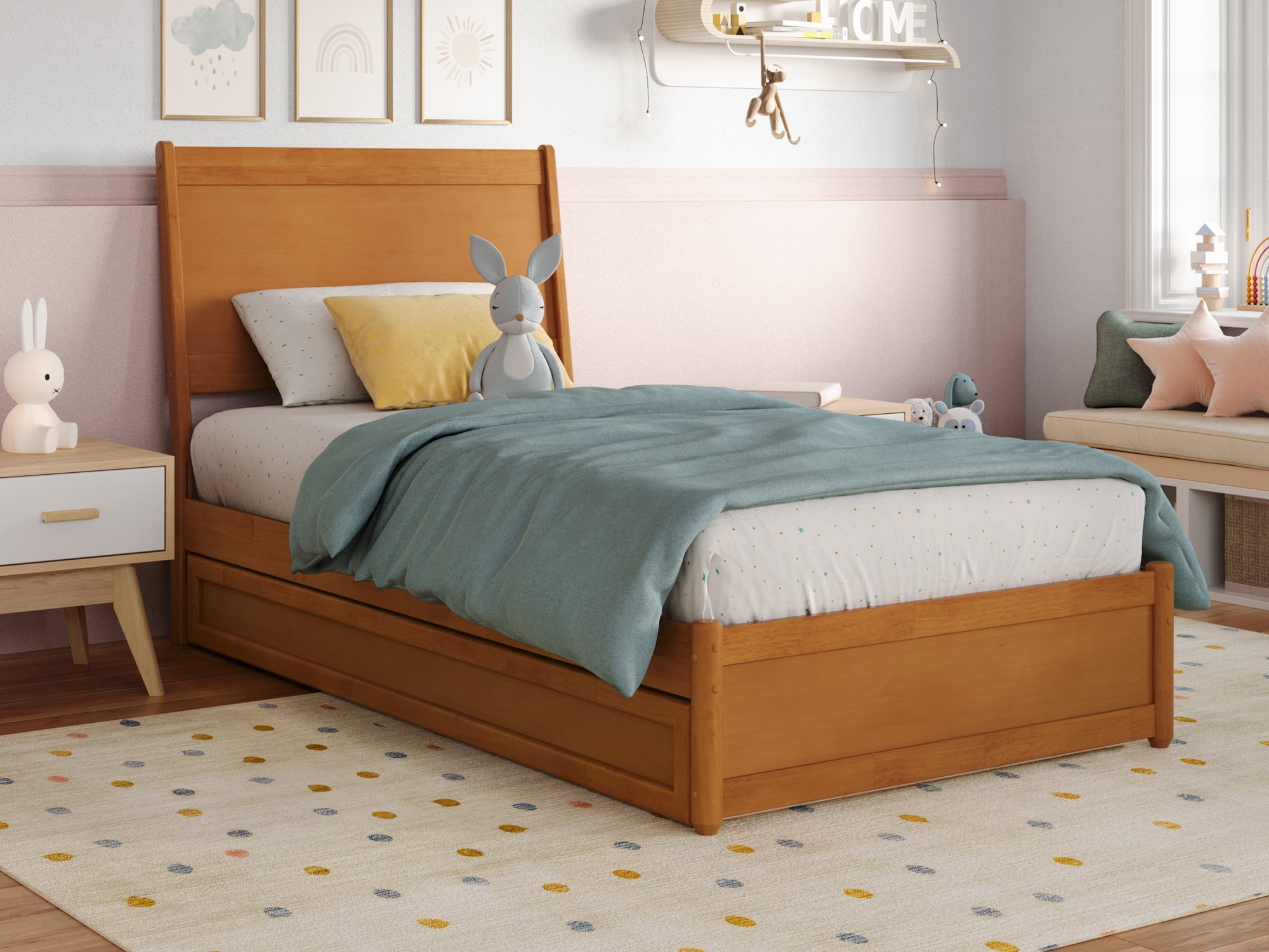 AFI Casanova Twin Wood Platform Bed with Panel Footboard and Twin Trundle, Light Toffee