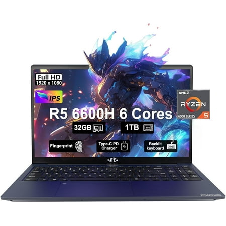 Nimo 2025 Laptop, 15.6"FHD Display Business Gaming Laptop, 6-Cores AMD Ryzen 5 6600H (Beat i5-12450H, up to 4.5GHz), 32GB DDR5, 1TB SSD, 100W Type-C, WiFi 5, Fingerprint, Backlit Keyboard, Windows 11