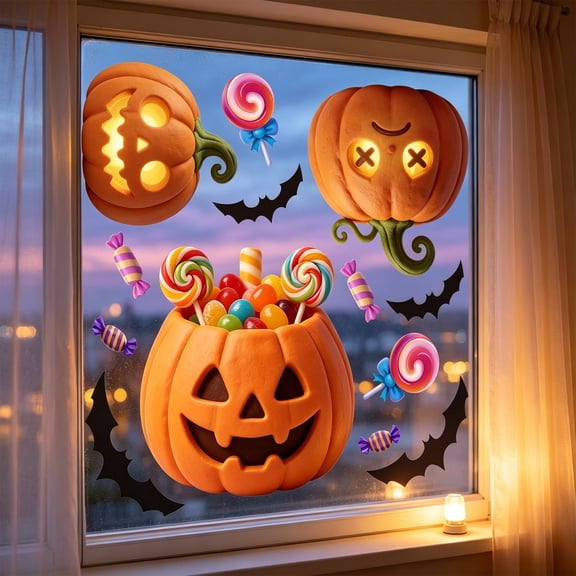 Halloween Window Clings Set, Witch Hat Pumpkin Candy Reusable Glass Stickers, Removable Window Decals for Home Living Room Party