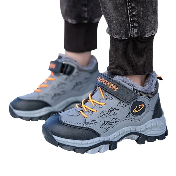 Boys Snow Boots for Kids, Leather Look Warm Fleece Lined Winter Boots, Non Slip Hiking Style Boots for Outdoor Cold Weather
