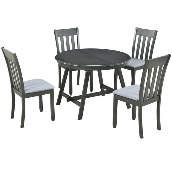 TREXM 5-Piece Dining Table Set: Round Extendable Wood Table & 4 Chairs, Gray, for Kitchen/Dining. Modern Farmhouse Style, Adjustable Size, Seats 4.