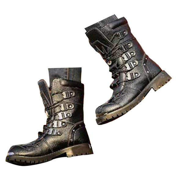 Chenyee Mens Black Cool Steel Toe Combat Boots Buckle Lace Up Mid Calf Leather Platform Motorcycle Booties