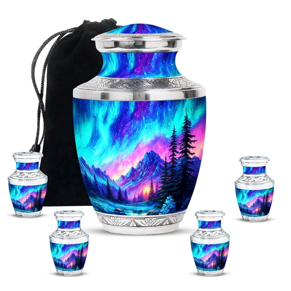 JAGASY Northern Lights Funeral Combo Urn Set, Blue Keepsake Small Urns for Human Ashes, Starry Sky Decorative Urns, Mountain Large Cremation Urn for Boys & Girls, (1 Large, 10" & 4 Small, 3")
