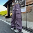 thumbnail image 5 of CPNG Girls Casual Baggy Cargo Pants Multi-Pocket Straight Wide Leg Drawstring Pants Loose Elastic Waist Fashion Cargo Trousers(Purple,14-15 Years), 5 of 7