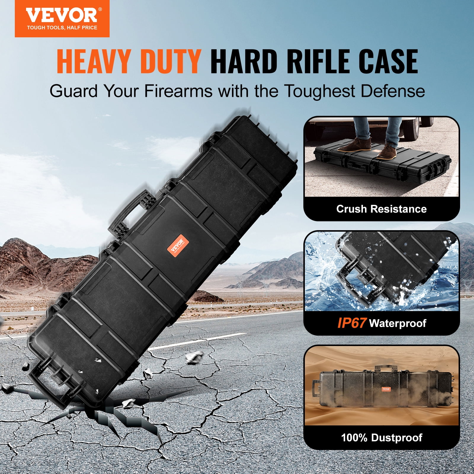 VEVOR Rifle Case, Rifle Hard Case with 3 Layers Fully-protective Foams, 50 inch lockable Hard Gun Case with Wheels, IP67 Waterproof & Crushproof, for Two Rifles or Shotguns, Airsoft Gun