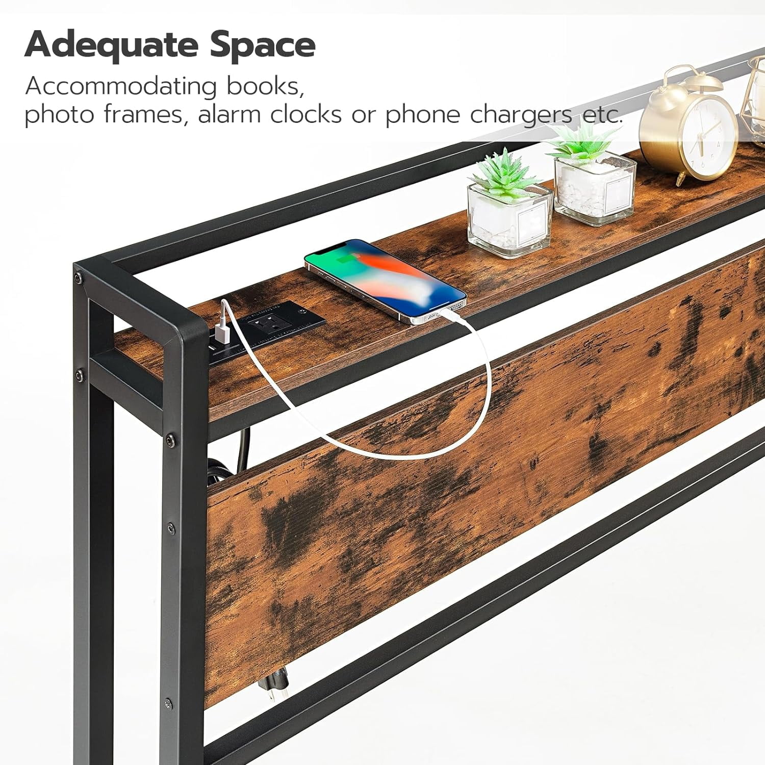 HOOBRO Queen Size Headboard with 2 Outlets & 4 USB Ports, Storage, Adjustable Height, Rustic Brown and Black