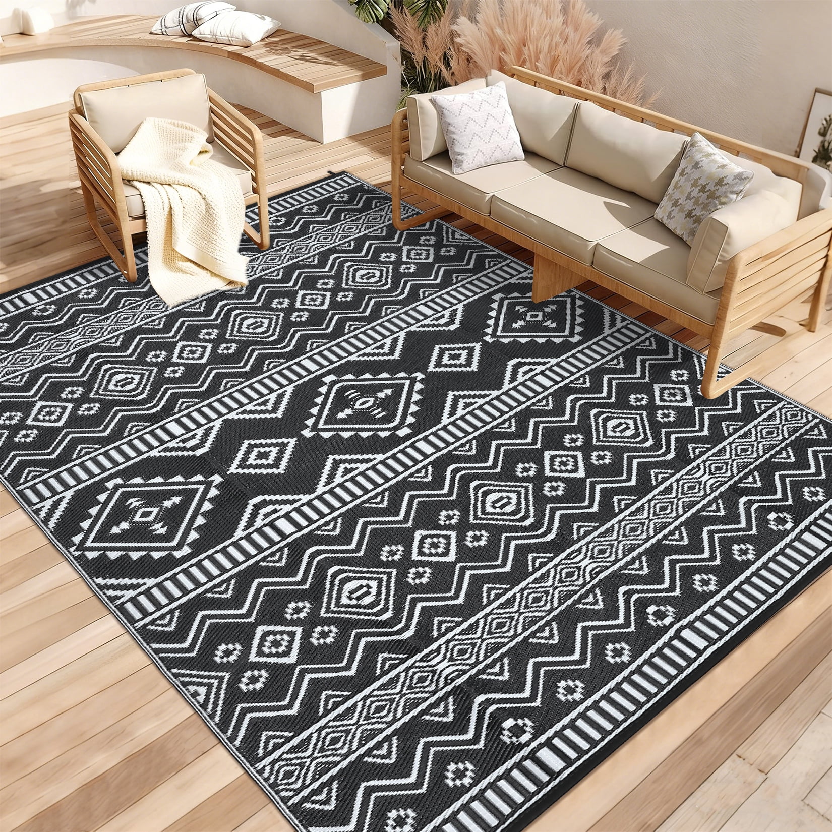 Garvee Outdoor Area Rug 9'x12' Waterproof Outdoor Carpet, Boho Plastic Straw Rug RV Mat for Picnic, Deck, Balcony, Beach, Patio, Black and White