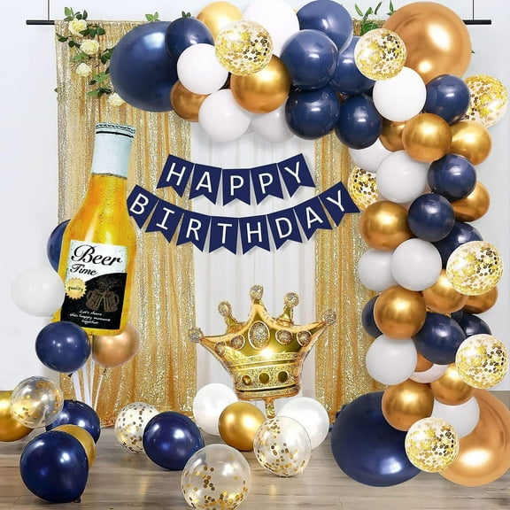 Navy Blue Gold Birthday Party Decorations for Men Women Boys Girls with HAPPY BIRTHDAY Banner, Crown balloons,Foil Balloons ,Balloon Garland Kit