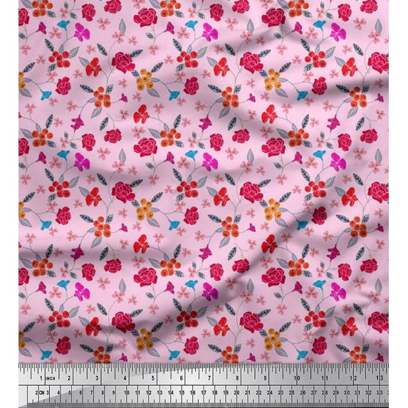 Soimoi Poly Georgette Fabric Berries,Leaves & Floral Artistic Print Fabric by The Yard 42 Inch Wide