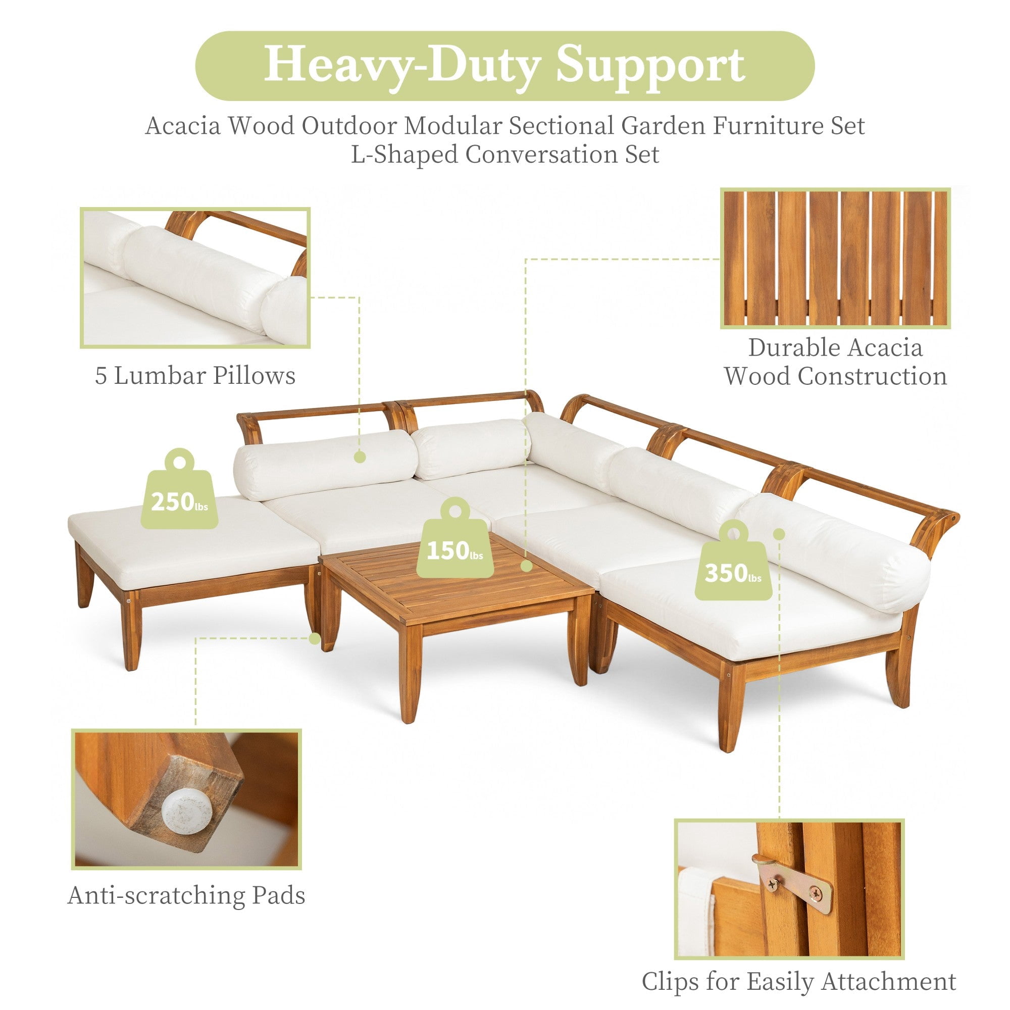 Sailvan 6pc Outdoor Patio Sectional Furniture Set,Acacia Wood L-Shaped Conversation Sofa with Ottoman & Tea Table,Weather Resistant,Teak/Beige