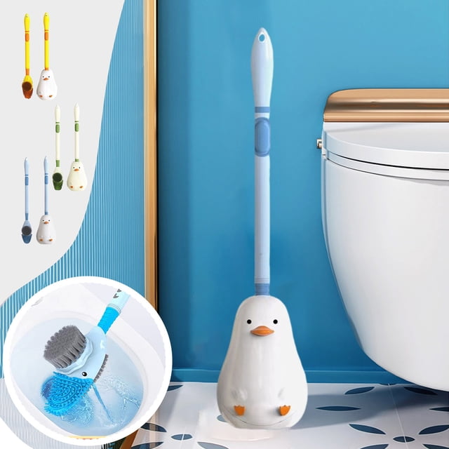 mtvxesu Toilet Brush, a silicone bathroom cleaning tool with a flexible brush head for deep cleaning corners. Includes a wall-mounted holder with a ventilated drying rack for quick drying. The blue brush set features a penguin-shaped holder, shown next to a toilet in a modern bathroom setting.