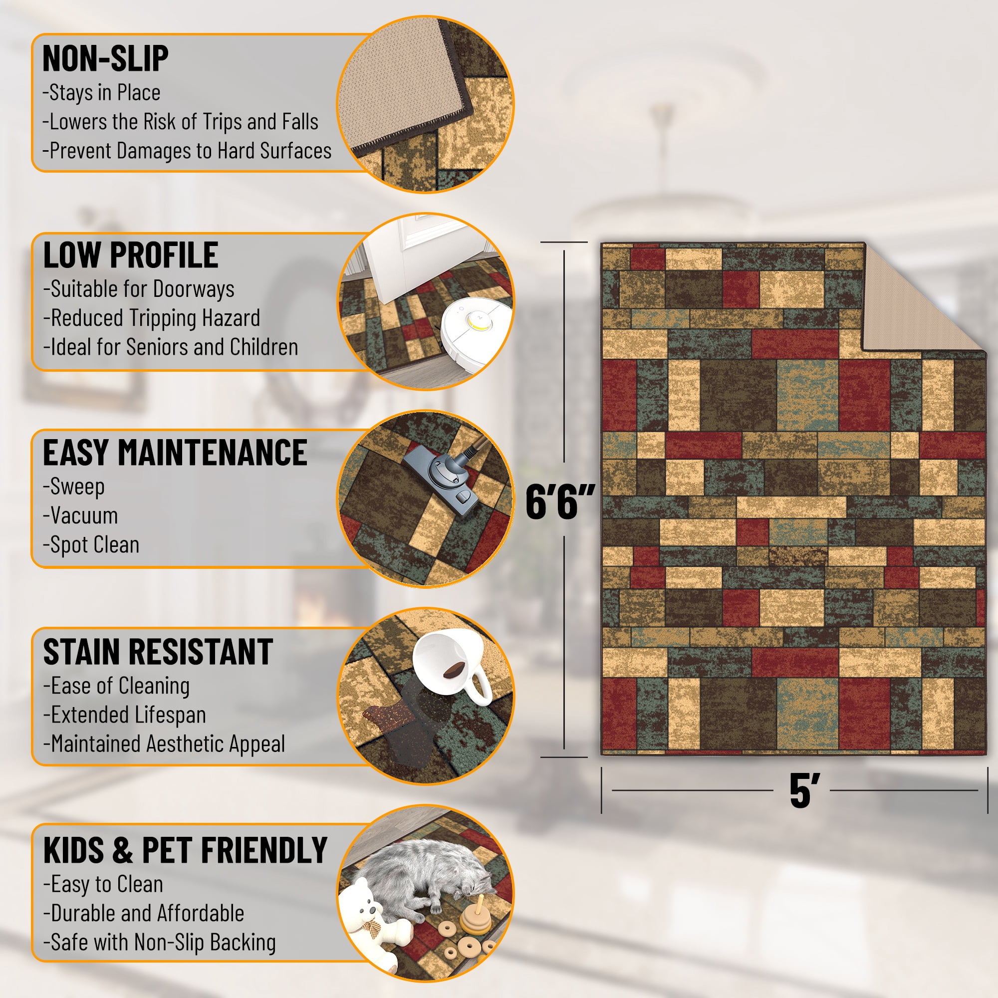 Ottomanson Boxes Area Rug 5' x 6'6" - Non Slip Low Pile Carpet, Multicolor