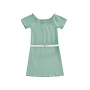 VISgogo Girl's Dress, Casual Solid Color Ruffle Short Sleeve Ribbed Toddler Kid Girl Dress with Belt