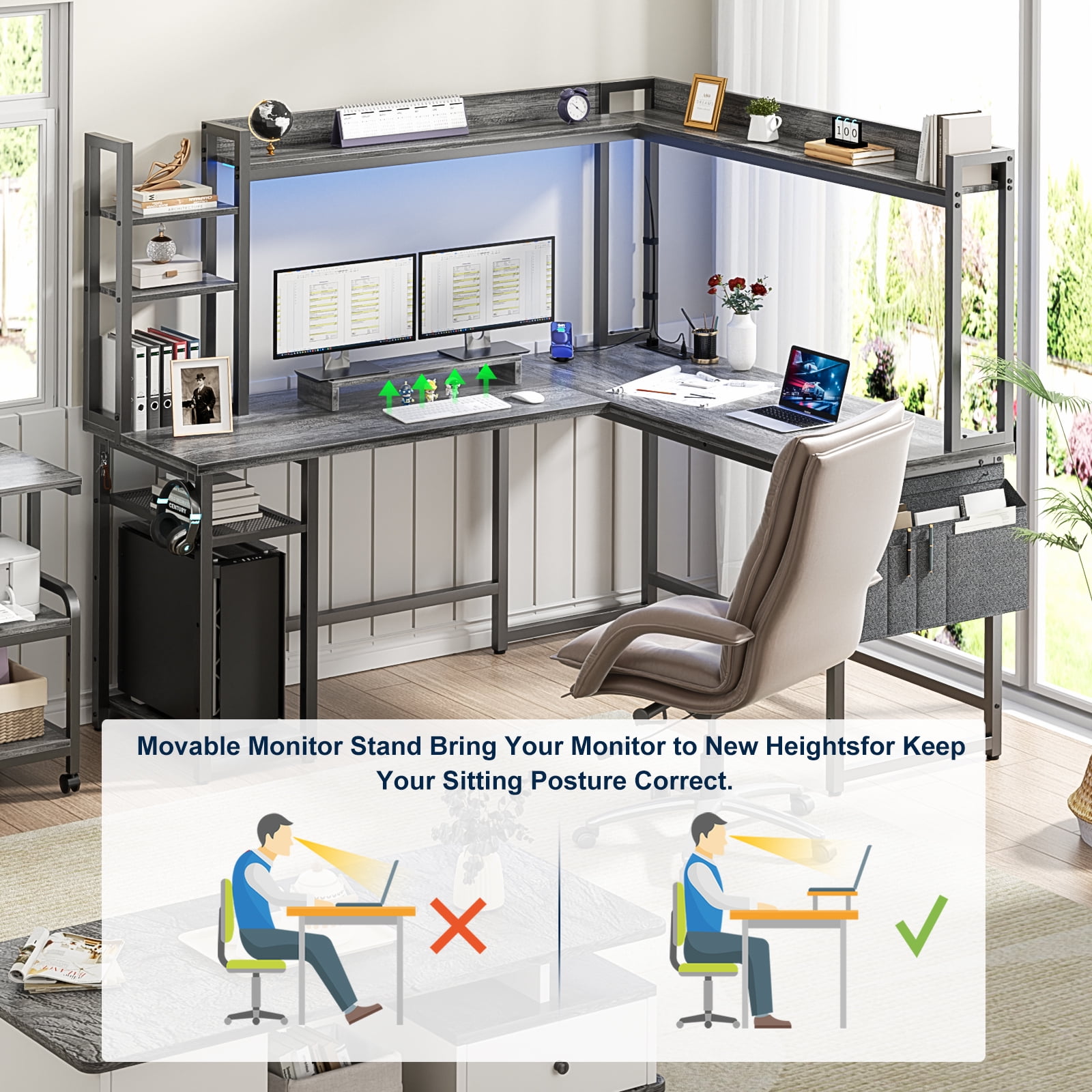 Homieasy L Shaped Desk with Power Outlet and LED lights, Reversible Corner Computer Desk with Hutch and Storage Shelf, Ergonomic L-Shaped Gaming Desk with Monitor Stand for Home Office, Black Oak