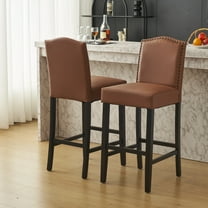 Counter Height Bar Stools Set of 2 - Brown PU Leather Upholstered Stools, Rubberwood Legs, Kitchen Island Seating, 300LBS Capacity