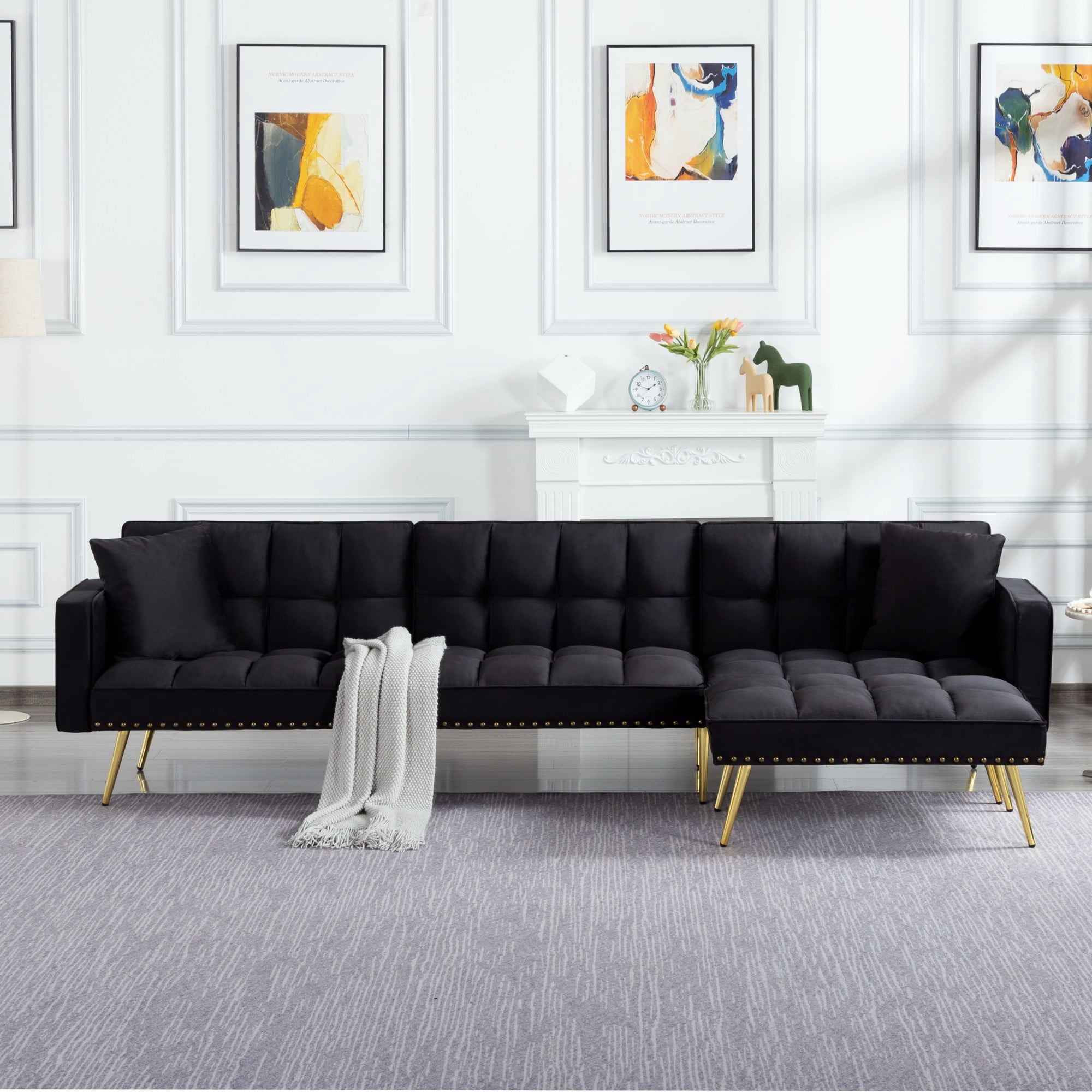 DEALTOPS 107” Convertible Sectional Sleeper Sofa Bed, Velvet L-Shaped Futon with Reversible Ottoman & Gold Legs, Black
