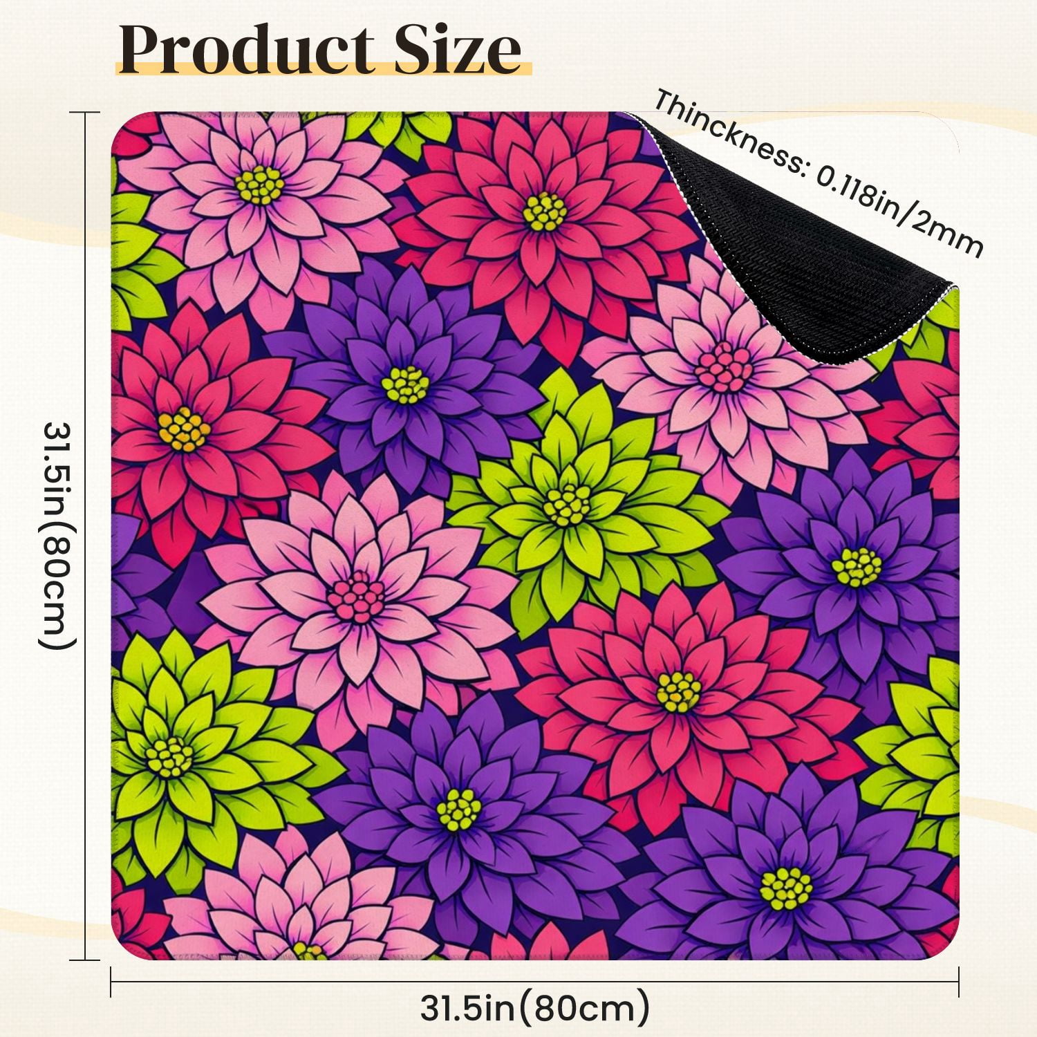 Mahjong Mat 31.5" x 31.5" Colorful Floral Bold Dahlia Flowers Pink Anti-Slip and Noise Reduction Symmetry Design Mahjong Tiles Table Cover for Dominoes Poker Card Board and Tile Games