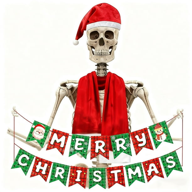 12 Foot Skeleton Christmas Outfit Santa Hat and Scarf Set with Adhesive for Outdoor Holiday Decorations, Windproof Velvet Accessories for Giant Skeleton Yard Display, Reusable Festive Party Costume