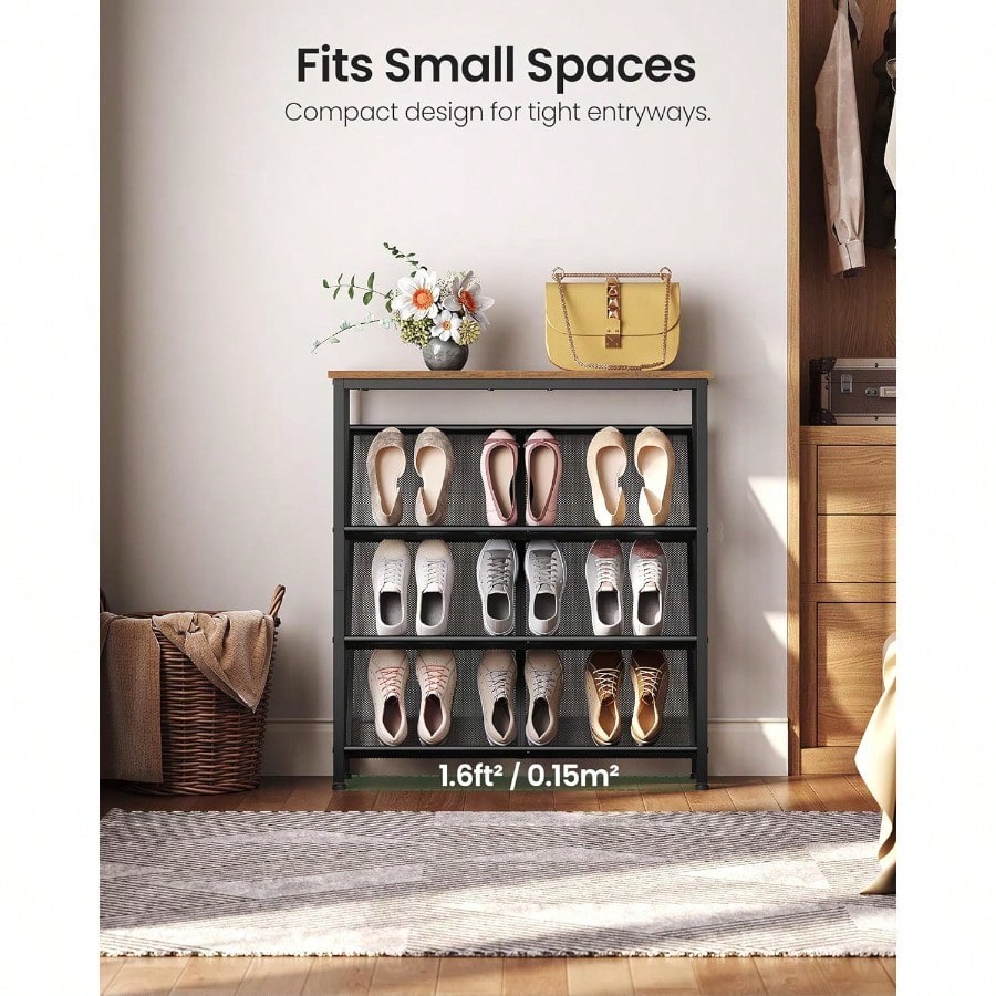 Shoe Rack 4Tier Slanted Shoe Storage Shelf Narrow Shoe Rack For Entryway Shoe Organizer With Adjustable Feet Slim Shoe Shelf With Wooden Top And Metal Frame Rustic Brown And Black TXJ75BF