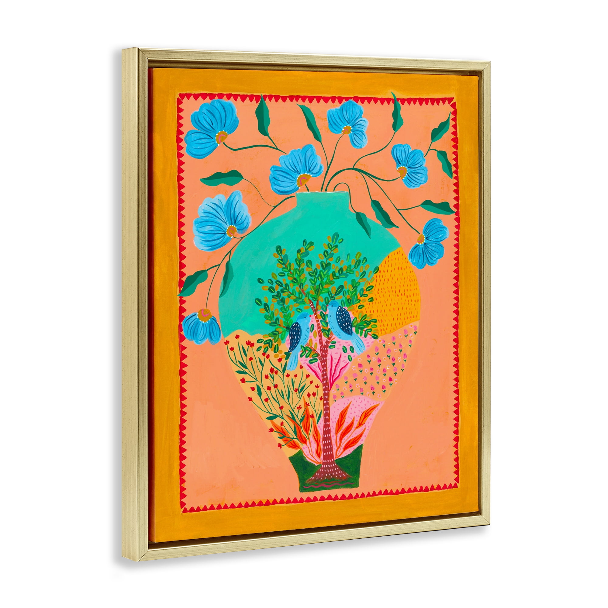 Bluebirds & Boho Flower Vase Gold Framed Floater Canvas Wall Art, design by Nabeela Rumi