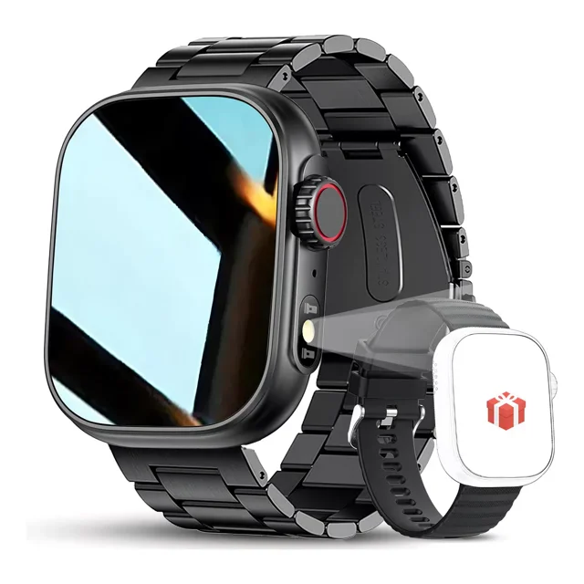 chibear cb-39 reloj inteligente hombre smartwatch mujer deporte bt llamada color de la correa negro vista frontal de pantalla cuadrada y caja metálica negra con corona lateral de acento rojo; correa metálica tipo eslabón negra y correa de silicón negra adicional visible, presentado sobre fondo blanco.