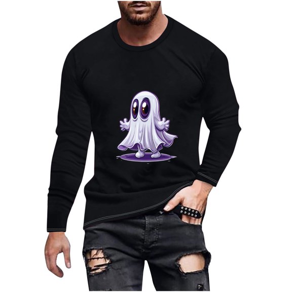 Raeneomay Long Sleeve Shirts for Men Halloween Printed Top Casual Long Sleeved Round Neck Top/Shirt