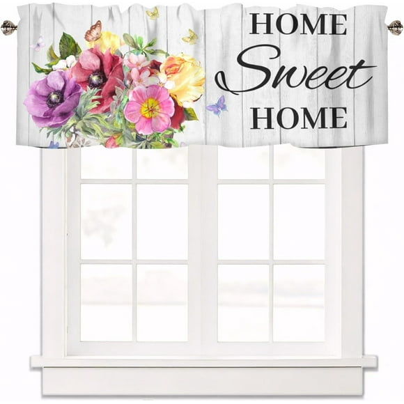 Cantonnière en Planches de Bois « Home Sweet Home » à Motif Floral Printanier 54"x18 Pouces, Rideaux Aquarelle pour Cuisine, Salle de Bain, Chambre – Courts Habillages de Fenêtre