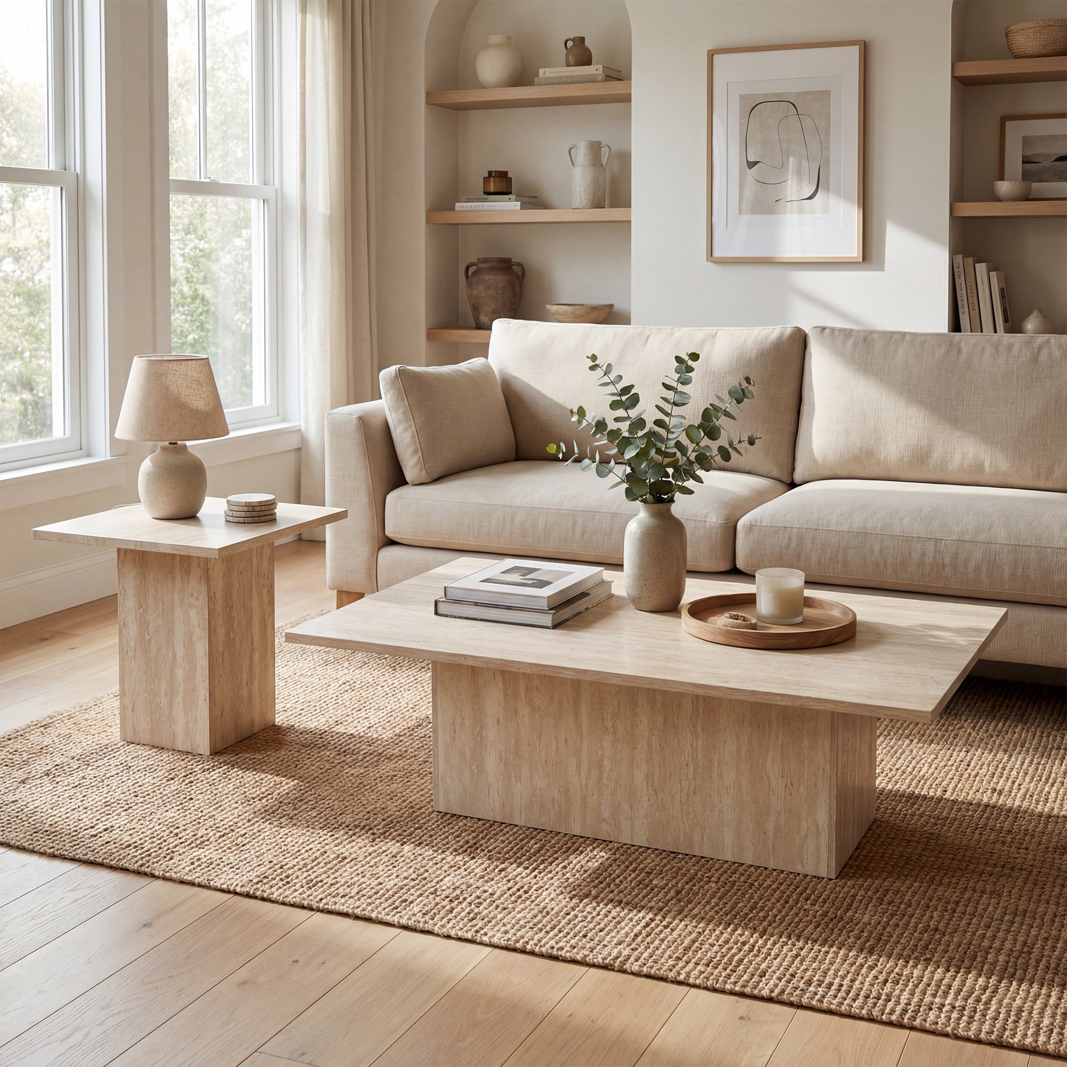 Guyou Modern Rectangular Coffee Table Faux Marble Center Table Large Wooden Tea Table for Living Room, Reception Room, Home Office