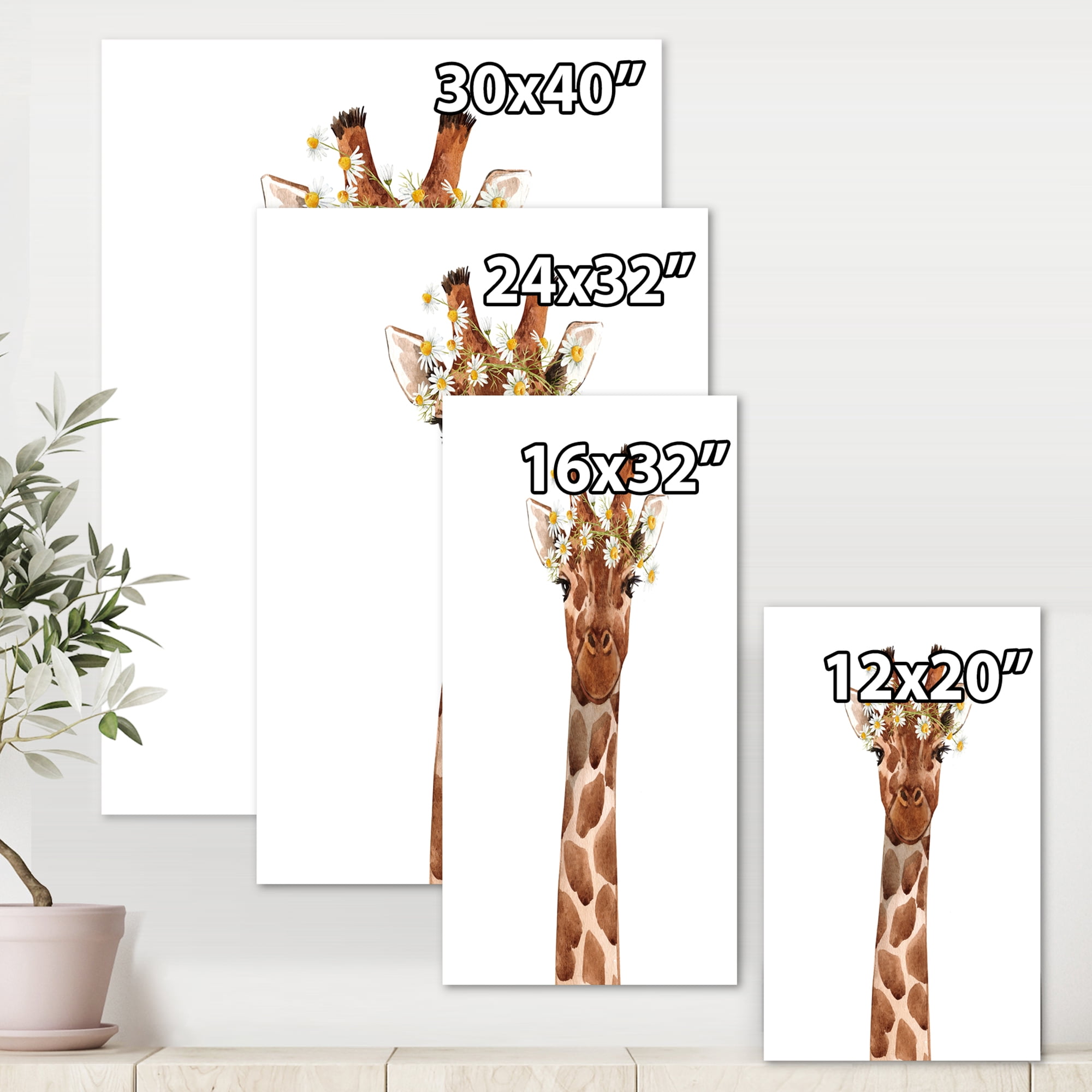 Designart ' Portrait of A Giraffe With White Flowers ' Farmhouse Canvas Wall Art Print