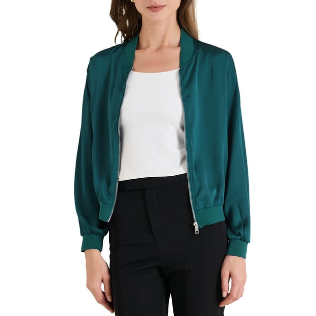 CHAQUETA CASUAL REFINADA para Mujeres, Abrigo con Cierre, Manga Larga, Prenda Exterior Ligera, Talla M, Color Verde Azulado